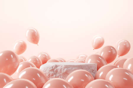 Stone podium with balloons over pink background. Perfect background or mockup for celebrations, Place your product on stage, 3d render.の写真素材