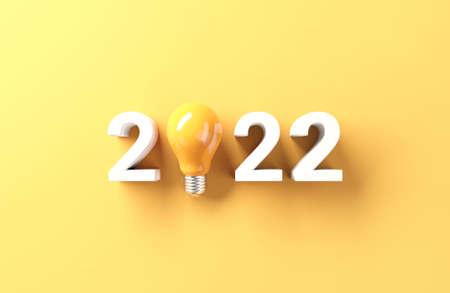 2022 creativity inspiration concepts, Light bulb idea with 2021 new year on yellow background,...
