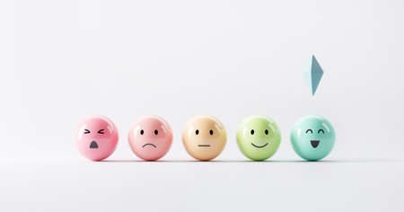 Choose emoji emoticons happy mood, evaluation, Increase rating, Customer experience, Satisfaction and best excellent services rating concept, 3d render.の写真素材