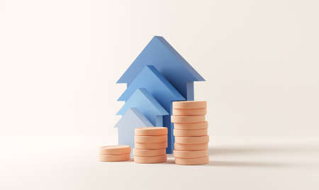 Blue up arrow and coin stacks on pastel background. Financial success and growth concept. copy space, 3d renderingの写真素材