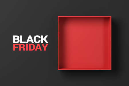 Blank red open paper box with Black friday on red paper background. 3d render, background for product and design.の写真素材