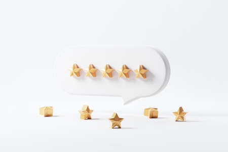 5 star in speech bubble. Quality, review, Best Excellent Services Rating for Satisfaction, concept of setting a five star goal, 3d render.の写真素材