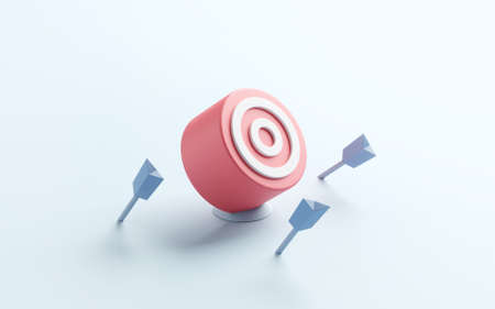 Blue arrows missed hitting target mark on blue background. Multiple failed inaccurate attempts to hit archery target. Concept of business strategy and challenge failure. 3d render.の写真素材