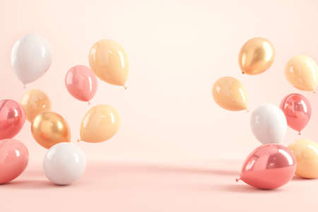 Pastel balloons on pink background. 3d rendering, Birthday party background, Copy space.の写真素材