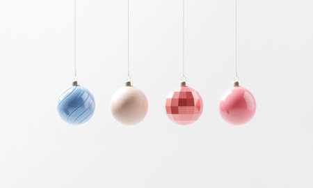 Minimal set of Christmas balls background. Festive xmas decoration bauble and glitter. 3d render.の写真素材