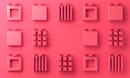 Minimal Gift box design on red background, for Valentine and Christmas, copy space. 3d render.の写真素材