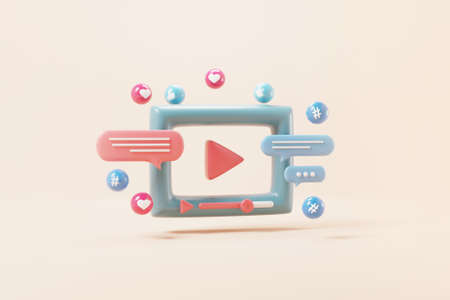 Social media, Minimal video media player Interface on pink background, 3d render.の写真素材