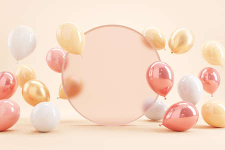 Pastel balloons on pink background. 3d rendering, Birthday party background, Copy space.の写真素材