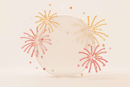 New Year fireworks and falling shiny confetti on yellow background, Copy space, 3d render.の写真素材