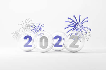 Very peri color 2022 3d text New Year with fireworks on white background, 3d render.の写真素材