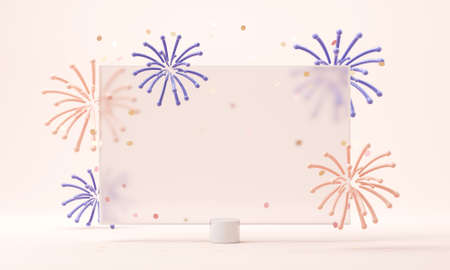 New Year fireworks and falling shiny confetti on pastel background, Copy space, 3d render.の写真素材