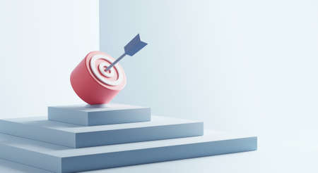 Blue arrow hit the center of target or goal of success on top of the staircase. Business target achievement concept, minimal, 3d render.の写真素材