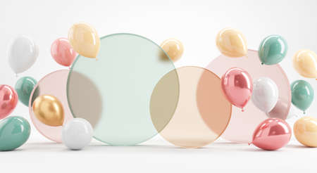 Pastel balloons on white background. 3d rendering, Birthday party background, Copy space.の写真素材