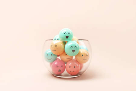 Set of emoji emoticons with sad and happy mood in jar glass, evaluation, Increase rating, Customer experience, Satisfaction and best excellent services rating concept, 3d render.の写真素材