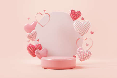 Pink podium display background for product. Symbols of love for Happy Women's, Mother's, Valentine's Day, birthday. 3d render.の写真素材