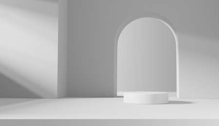 Empty white podium on white color background, Product Stand. 3D Rendering.の写真素材