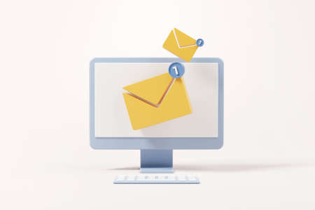 New email notification icon with one e-mail message on computer pc. minimal design. 3d renderingの写真素材