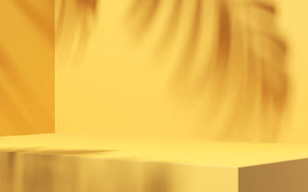 Minimal abstract yellow background for product presentation. Tropical leaf shadow on plaster wall. 3d render. Spring and summer.の写真素材
