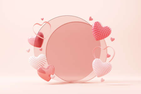 Two circle glass with hearts on pink background for Happy Women's, Mother's, Valentine's Day, birthday, copy space, 3d renderの写真素材