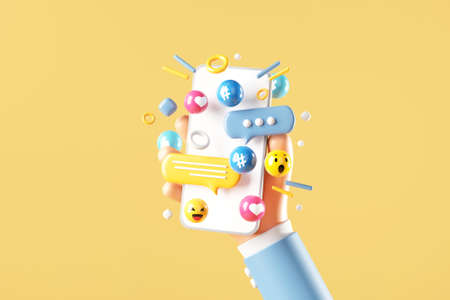 Hand of woman holding blank mobile phone with love, like, comment, hashtag button on yellow background. Social media marketing concept, 3d render.の写真素材