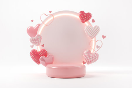 Pink podium display background for product. Symbols of love for Happy Women's, Mother's, Valentine's Day, birthday. 3d render.の写真素材