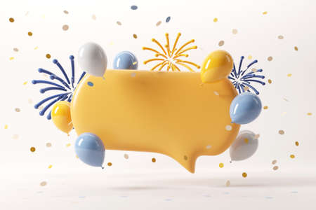 Yellow blank speech bubble with fireworks and falling shiny confetti and balloon on white...