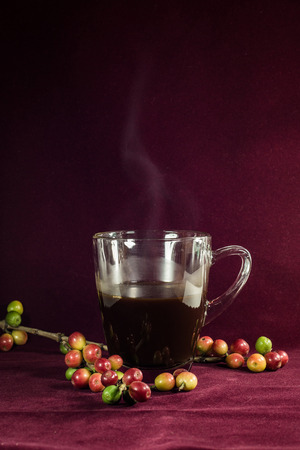 Close up of coffee and fresh raw coffee beans on texture の写真素材