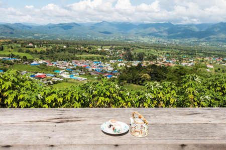 tea set on a woodenの写真素材