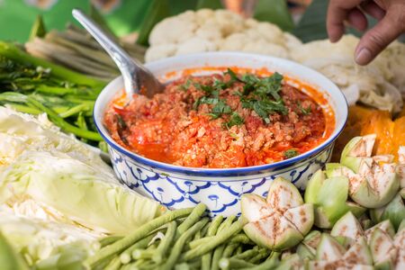 Nam prik ong, Thai northern style chili paste (meat and tomato spicy dip).の写真素材