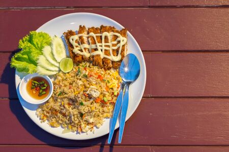 Healthy food fried rice chicken with egg and green onion.の写真素材