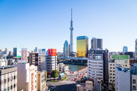 Tokyo, Japan - Nov 16, 2017: Tokyo sky tree the famous radio tower viewed from Asakusa culture and tourism center at Tokyo, Japanのeditorial素材