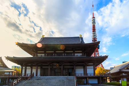 View of Zojo-ji Temple and tokyo Tower, Tokyo, Japan.のeditorial素材