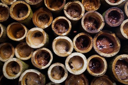 Close-up of Khao Lam snacks in bamboo tubes, Nong Mon, Chon Buri, Thailand