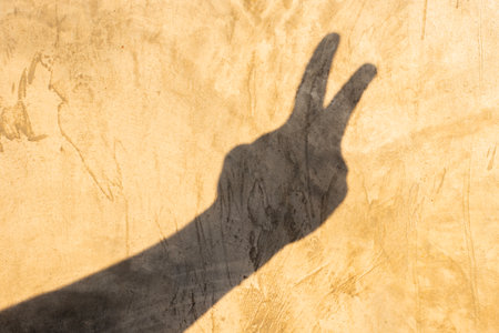 Peace sign shadow against a textured wall: A striking image of a hand casting a peace sign shadow onto a rustic textured wall. This captures a moment of simple beauty.の写真素材