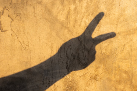 Shadow Gesture of Peace: The silhouette of a hand forms the iconic V sign against a textured surface, representing unity, hope, and solidarity. Evoking a sense of optimism and peaceful connection.の写真素材