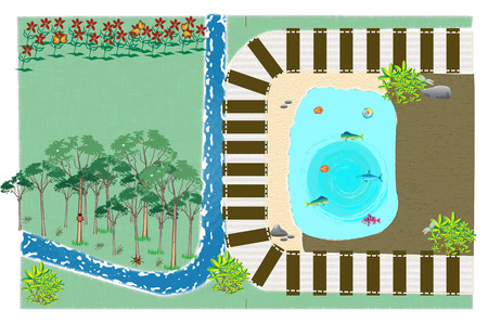 Train track in the wood with a pondのイラスト素材