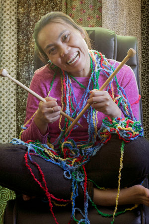 a woman knittingの写真素材