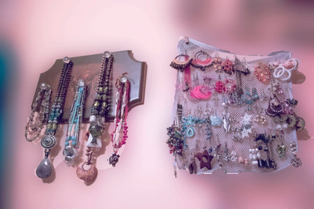necklaces and earrings hangingの写真素材