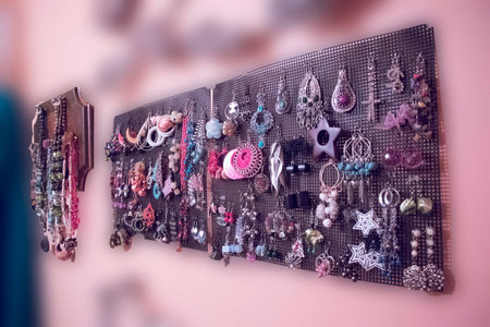 earrings and necklace hanging on the wall from near to far view