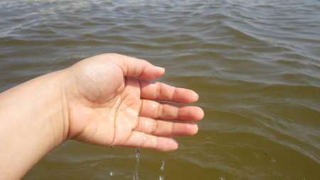 hand at the beach clear waterの写真素材