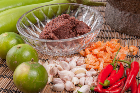 mortar with ingredient ,Shrimp Paste Chilli Sauce (Nam Prik Ka Pi)Thai Foodの写真素材