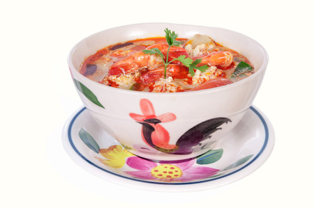 Tom Yam Kung (Thai cuisine)on white backgroundの写真素材