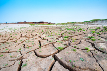 Dried and cracked soil in blue skyの写真素材