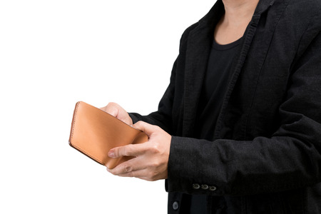 businessman hands holding open walletの写真素材