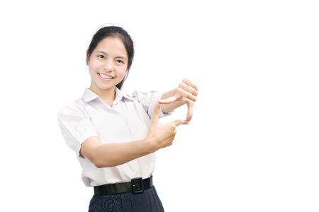 portrait of an Asian student on white backgroundの写真素材