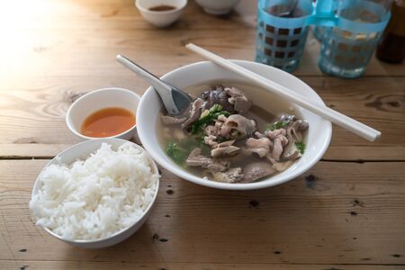 Boiled Pork blood soup an ordinary thai breakfast serve with riceの写真素材