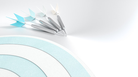 Four darts with dartboard on white table 3d render ,Business conceptの写真素材