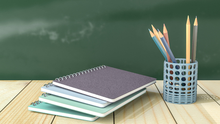 notebook with a pencil on the wooden table 3d render on chalkboard backgroundの写真素材
