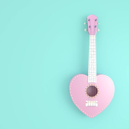 Ukulele sweet pink heart love concept on a green pastel color background.3d render.