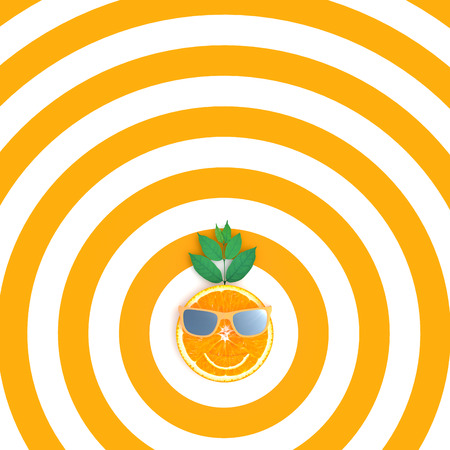 Orange slices with sunglasses on orange and white pattern color background and copy space, pop art...
